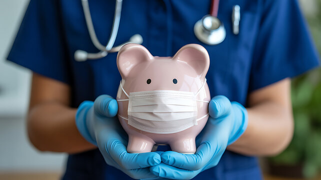 Doctor Holding Pink Piggy Bank Wearing Face Mask And Gloves medical healthcare - Powered by Adobe