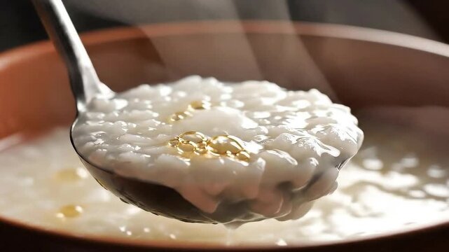 Close Up of Steaming Rice Porridge with a Silver Ladle in Earthenware Bowl Nutritious Breakfast White Grains and Delicate Aroma Comfort Food Culinary Tradition