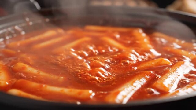 Close up of Steaming Tteokbokki in a Dark Pot Traditional Korean Spicy Rice Cakes with Bright Orange Sauce Preparation and Presentation Delicious and Inviting
