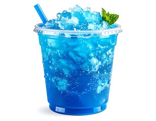 Refreshing blue frozen beverage with ice crystals, straw, and mint garnish