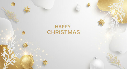 Elegant Happy Christmas Background with Gold and White Ornaments and Sparkles