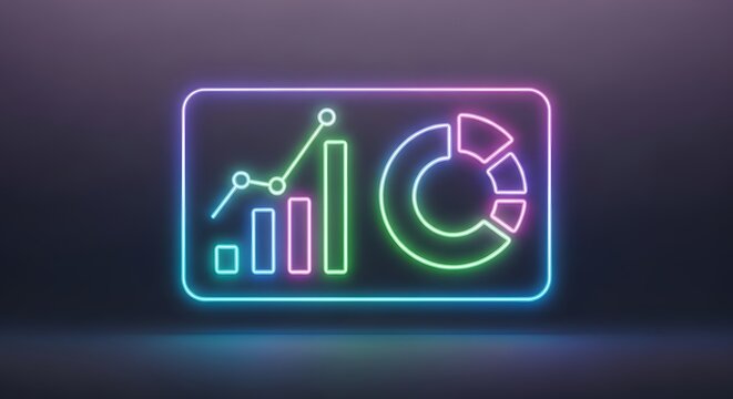 Neon glowing data visualization icon with bar chart and pie chart - Powered by Adobe