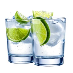 Refreshing close-up of two glasses filled with ice, liquid, and lime wedges, isolated