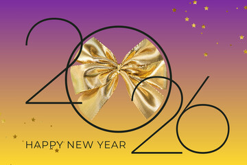 Happy new year 2020 with golden bow and stars on colorful gradient background festive seasonal...
