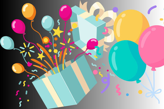 Exploding Gift Box Surrounded by Colorful Balloons Confetti and Streamers Illustration for Celebrations Birthdays and Festive Occasions Exactly Two Hundred Characters