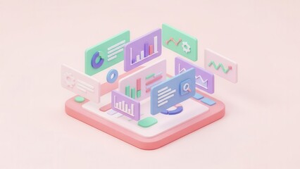 Pastel data analysis interface on tablet with floating charts and information panels