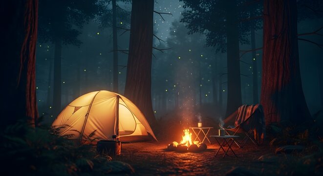 Cozy illuminated tent and campfire in a dark, misty forest with fireflies