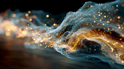 Abstract stream of glowing particles in motion on dark background | Futuristic wave of golden and blue dots in digital flow | Light trail of flowing particles representing data visualization