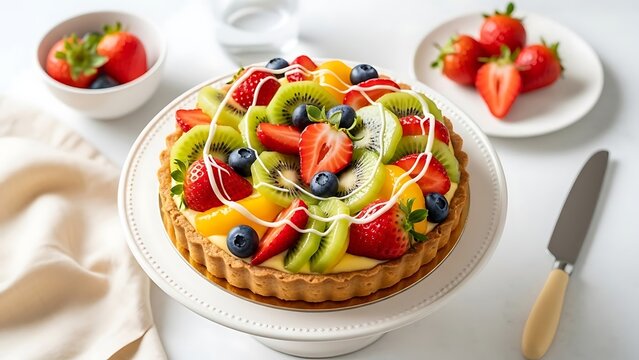 A beautifully arranged fruit tart sits on a white cake stand, topped with glossy kiwi slices, strawberries, blueberries, and peaches over a creamy filling and surrounded by fresh berries and a knife.