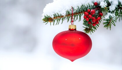 Evergreen bough draped with fresh snow, red bauble and berries against a blurred winter scene