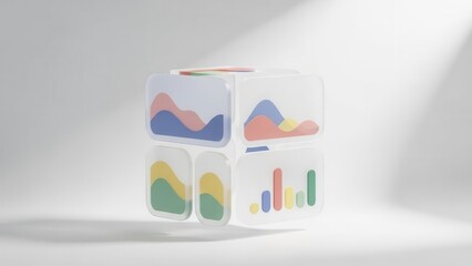 Conceptual illustration of a data analysis cube showcasing charts and statistics