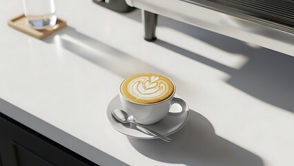 A perfectly crafted latte with detailed, creamy foam art in the shape of a rosetta heart, served in a clean white cup and saucer on a bright, minimalist counter next to a coffee machine.