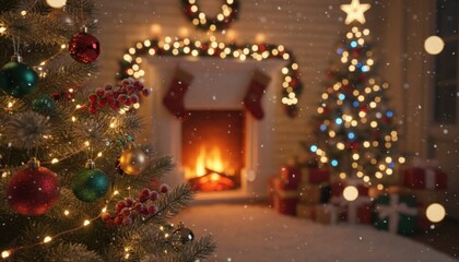 Warm Festive Christmas Scene with Decorated Tree, Fireplace, and Presents