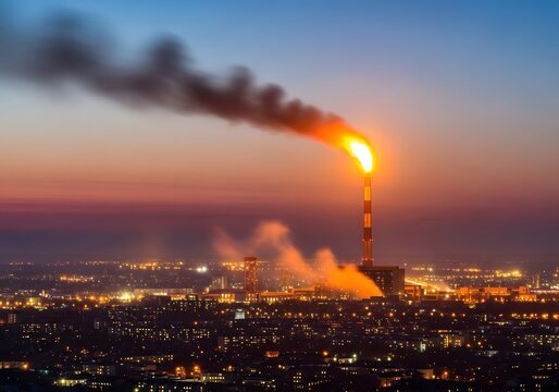 Industrial plant chimney with bright gas flare and smoke plume at twilight over a glowing city skyline. - Powered by Adobe