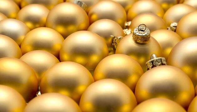 Close-up of numerous, golden ornaments, creating a festive, reflective surface