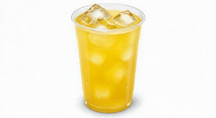 Refreshing drink served in a transparent plastic cup filled with ice cubes and orange liquid