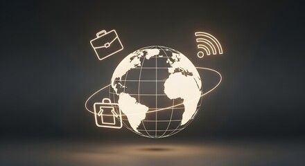 Glowing digital globe with business and wifi icons orbiting around it