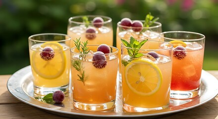 Refreshing glasses of colorful cocktails garnished with fruits and herbs on a silver platter