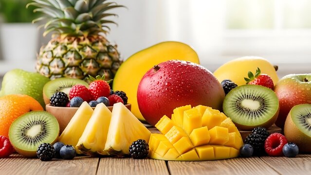 A vibrant, close-up arrangement of assorted fresh fruits including whole mangoes, pineapple slices, berries, apples, and kiwi halves, highlighting texture, color, and healthy eating.