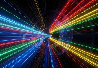 Dynamic RGB Neon Light Streaks in an Abstract Futuristic Digital Tunnel Representing High-Speed Data Flow and Connectivity