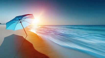 Sunset serenity beach umbrella at dusk coastal landscape tranquil seaside panoramic view relaxation concept