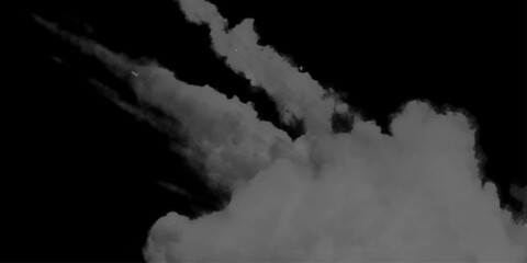 Obraz premium White smoke cloud isolated on black background. A thick white smoke plume rising and twisting, isolated beautifully on a black background. A large white smoke cloud billowing softly,