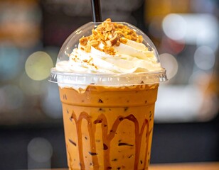 Refreshing iced beverage, whipped cream topping, caramelized sauce, plastic cup