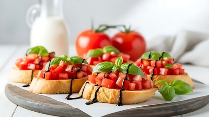 Appetizing close-up of four pieces of classic Italian bruschetta topped with diced tomatoes, fresh basil, and a balsamic glaze on a wooden board.
