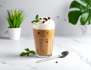 Refreshing iced coffee drink with whipped cream, beans, and mint on a white surface