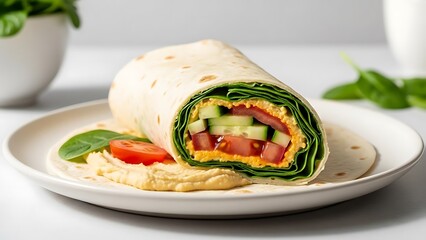 A vibrant vegetable wrap featuring a creamy hummus spread, fresh spinach, sliced cucumbers, and juicy tomatoes, beautifully presented on a white plate.
