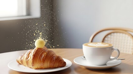 A golden, flaky croissant topped with a scoop of butter exploding with sprinkles, next to a white cup of latte art on a wooden table.