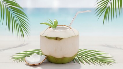 A refreshing young green coconut with a straw and a small piece of pulp, set on a white wooden table with palm leaves, against a bright, tropical blue ocean backdrop.