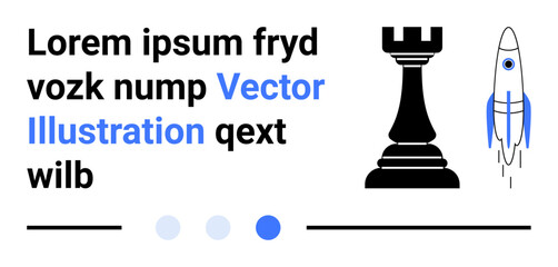 Simplistic chess rook and rocket placed alongside text elements and progress indicators. Ideal for strategy, innovation, technology, growth, decision-making, progress, simple landing page © robu_s
