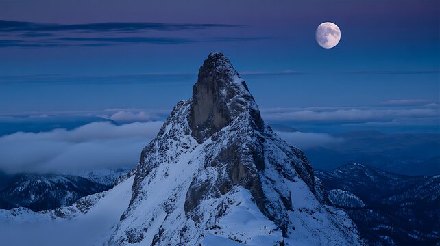 Snowy mountain peak under bright full moon in calm twilight sky