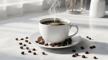 A white ceramic mug filled with steaming black coffee rests on a matching saucer, surrounded by scattered dark roasted coffee beans on a bright, sunlit marble countertop.