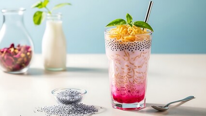 A vibrant glass of refreshing falooda, a popular South Asian dessert drink, featuring pink rose syrup, creamy milk, vermicelli noodles, and black basil seeds, garnished with fresh basil leaves.