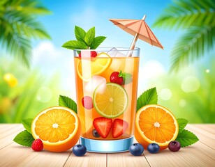 Refreshing iced drink with fruit slices, berries, mint, and a paper umbrella on a wooden table