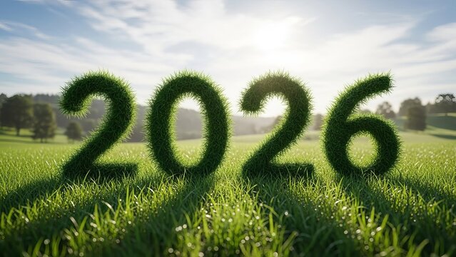 Green year 2026 numbers growing in a sunny field
