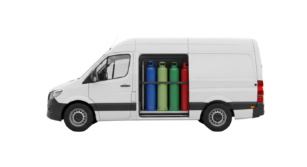 White delivery van transporting colorful gas cylinders isolated PNG with Transparent Background