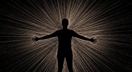 Silhouette of a person with outstretched arms and radiating light.