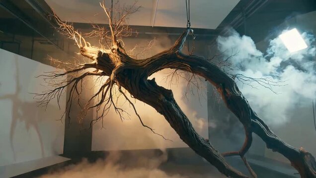 A gnarled tree branch with roots suspended in a smoky, dimly lit room, creating an eerie and mysterious atmosphere.