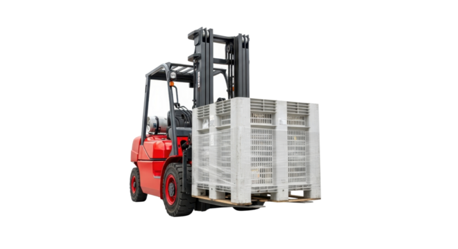 Forklift carrying stack of euro pallets wrapped with transparent plastic film isolated PNG with Transparent Background
