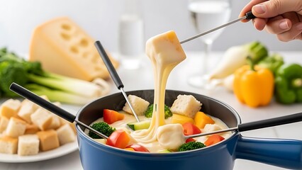 A person dipping a piece of bread into a rich, creamy cheese fondue in a blue pot, creating a long, delicious string of melted cheese, surrounded by vegetables and bread cubes.