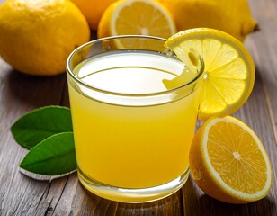 Refreshing lemon drink in a glass with lemon slice garnish and fresh lemons on a wood table