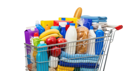 Full shopping cart with groceries and household goods isolated PNG with Transparent Background