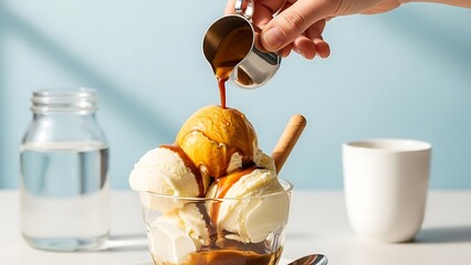 A person dips a large cube of bread into a rich, creamy cheese fondue in a blue pot, creating a beautiful, long string of melted cheese, with vegetables and bread cubes nearby.