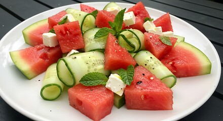 Refreshing watermelon, cucumber, feta salad garnished with mint on a white plate