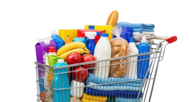 Full shopping cart with groceries and household goods isolated PNG with Transparent Background