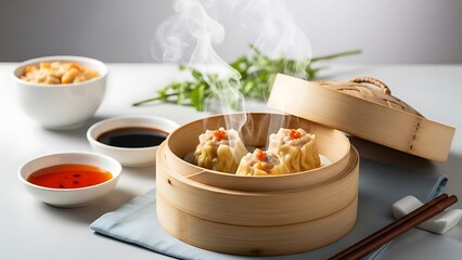 Steaming hot Shumai or Siu Mai dumplings are beautifully presented in a traditional bamboo steamer, accompanied by soy sauce and chili oil for dipping.