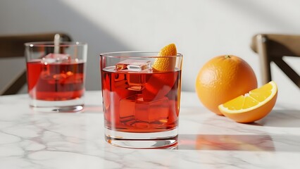 Two classic red cocktails on the rocks with an orange peel garnish, next to a whole and sliced orange on a bright marble countertop.